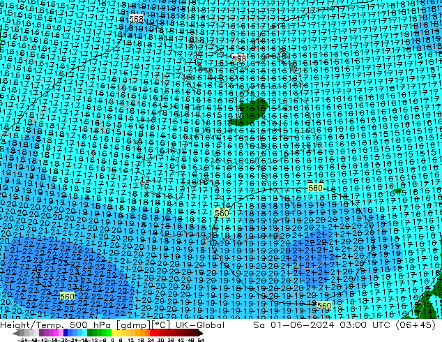 Geop./Temp. 500 hPa UK-Global sáb 01.06.2024 03 UTC