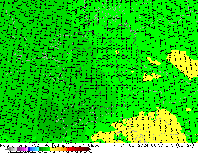 Géop./Temp. 700 hPa UK-Global ven 31.05.2024 06 UTC