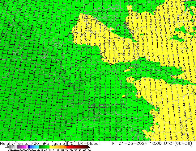 Hoogte/Temp. 700 hPa UK-Global vr 31.05.2024 18 UTC