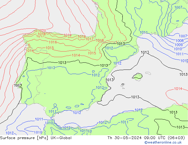 Surface pressure UK-Global Th 30.05.2024 09 UTC