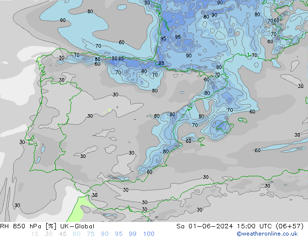 Humidité rel. 850 hPa UK-Global sam 01.06.2024 15 UTC