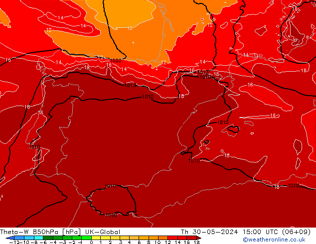 Theta-W 850hPa UK-Global do 30.05.2024 15 UTC