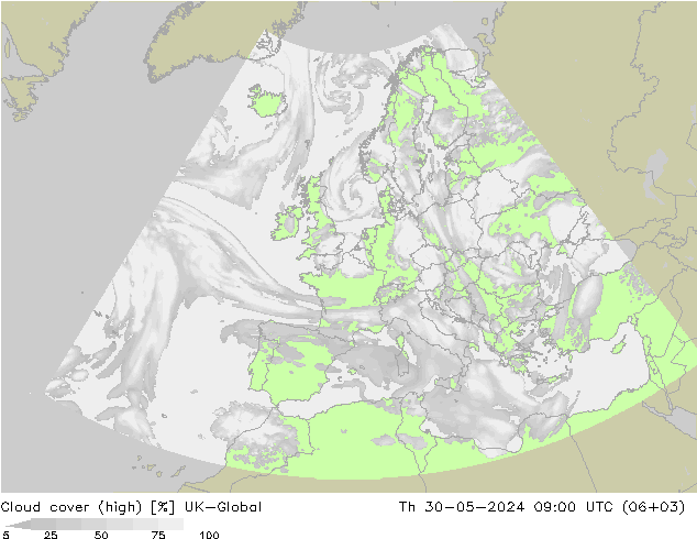 Cloud cover (high) UK-Global Th 30.05.2024 09 UTC