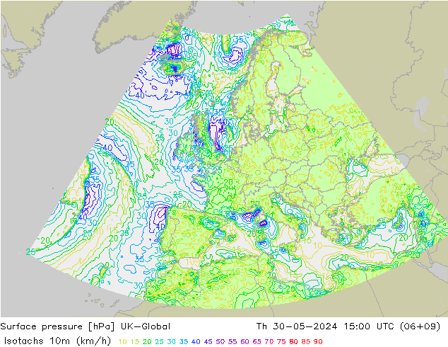 Isotachs (kph) UK-Global Th 30.05.2024 15 UTC