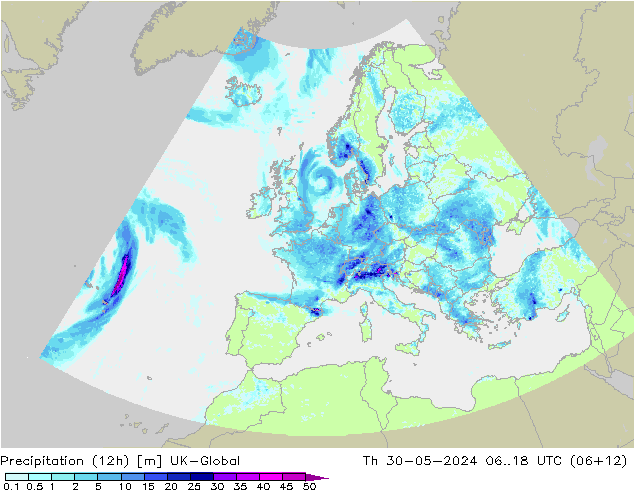 Precipitation (12h) UK-Global Th 30.05.2024 18 UTC