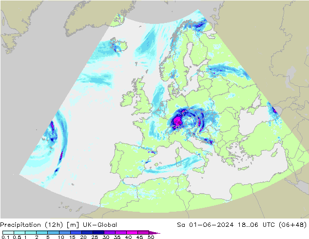 Precipitação (12h) UK-Global Sáb 01.06.2024 06 UTC