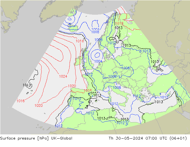 地面气压 UK-Global 星期四 30.05.2024 07 UTC