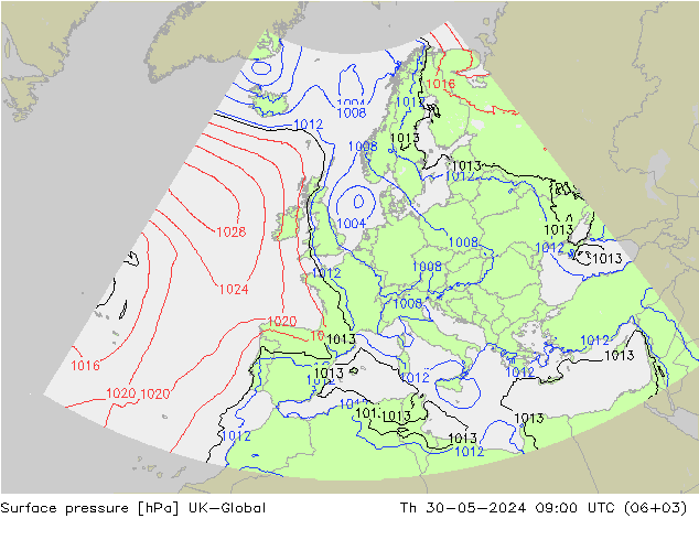 Pressione al suolo UK-Global gio 30.05.2024 09 UTC