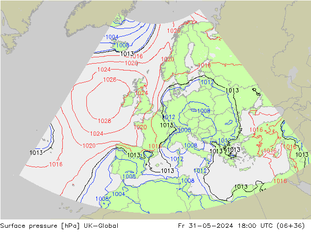 Surface pressure UK-Global Fr 31.05.2024 18 UTC