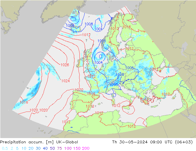 Precipitation accum. UK-Global Th 30.05.2024 09 UTC