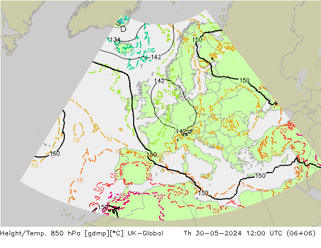 Height/Temp. 850 hPa UK-Global Qui 30.05.2024 12 UTC