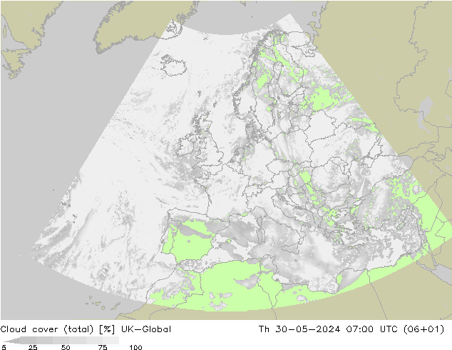 Cloud cover (total) UK-Global Th 30.05.2024 07 UTC