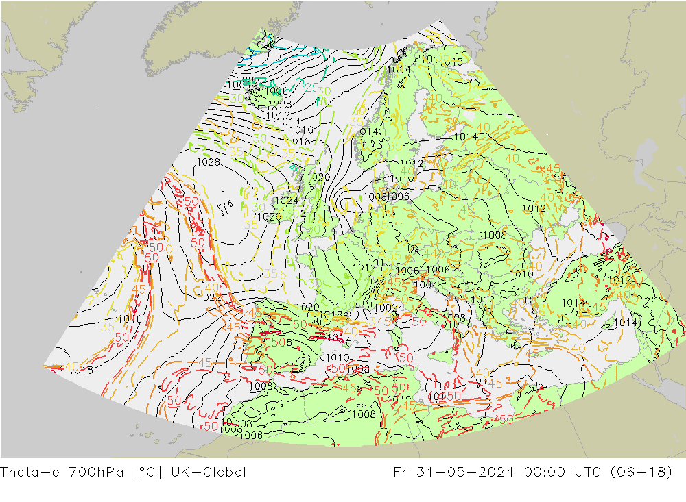 Theta-e 700hPa UK-Global ven 31.05.2024 00 UTC