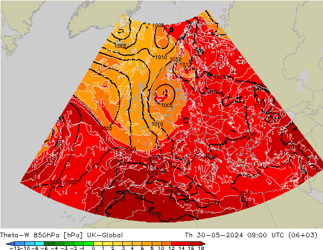 Theta-W 850hPa UK-Global 星期四 30.05.2024 09 UTC