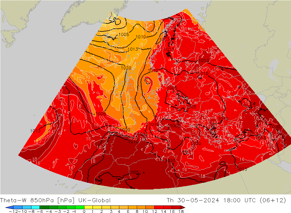 Theta-W 850hPa UK-Global Th 30.05.2024 18 UTC