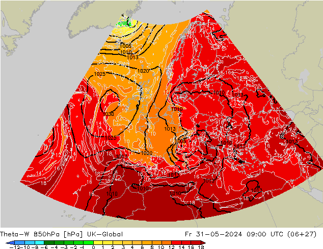 Theta-W 850гПа UK-Global пт 31.05.2024 09 UTC