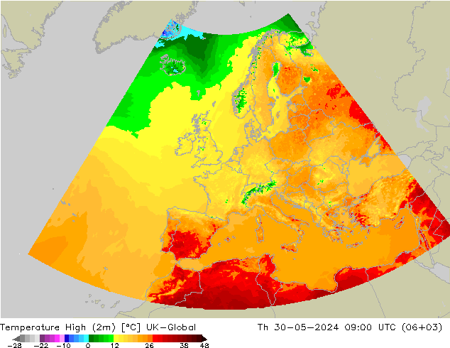 Max.temperatuur (2m) UK-Global do 30.05.2024 09 UTC