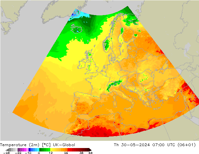 Temperatura (2m) UK-Global Qui 30.05.2024 07 UTC