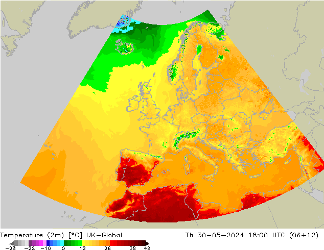 Temperature (2m) UK-Global Th 30.05.2024 18 UTC