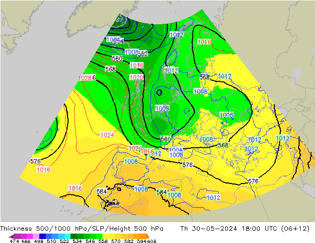 Thck 500-1000hPa UK-Global Čt 30.05.2024 18 UTC