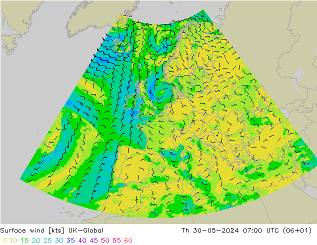 Surface wind UK-Global Th 30.05.2024 07 UTC