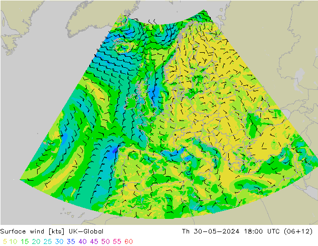 Surface wind UK-Global Th 30.05.2024 18 UTC