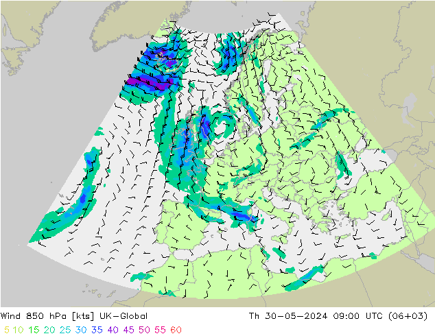 Wind 850 hPa UK-Global Čt 30.05.2024 09 UTC
