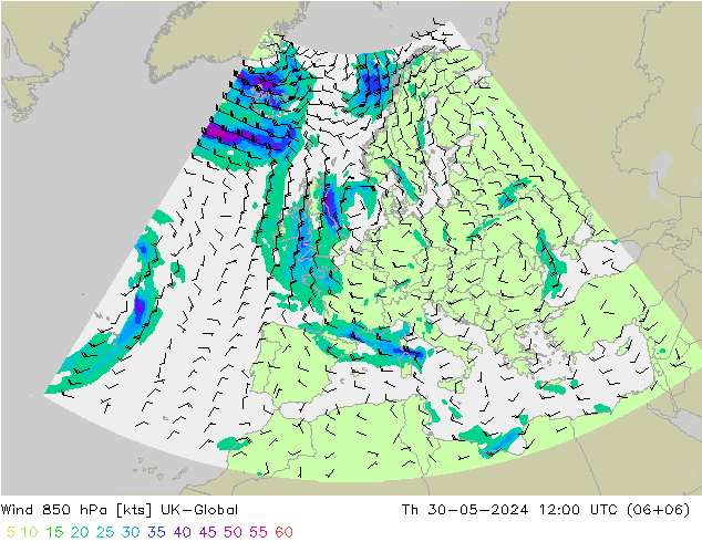 Wind 850 hPa UK-Global Čt 30.05.2024 12 UTC