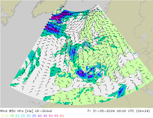 Rüzgar 850 hPa UK-Global Cu 31.05.2024 06 UTC
