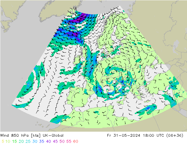Wind 850 hPa UK-Global Fr 31.05.2024 18 UTC