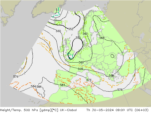 Height/Temp. 500 hPa UK-Global Do 30.05.2024 09 UTC