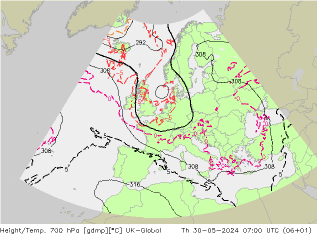 Height/Temp. 700 hPa UK-Global Th 30.05.2024 07 UTC