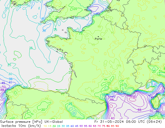 Izotacha (km/godz) UK-Global pt. 31.05.2024 06 UTC