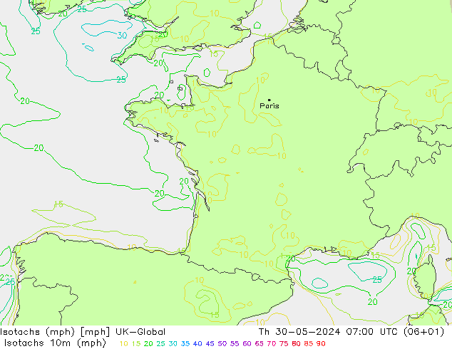 Isotachs (mph) UK-Global jeu 30.05.2024 07 UTC