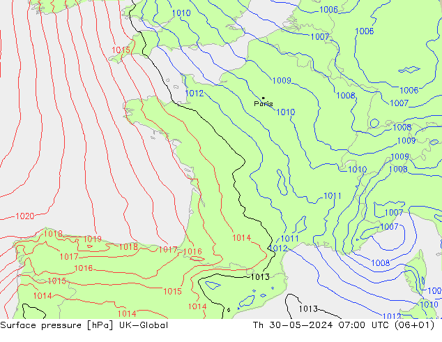 Pressione al suolo UK-Global gio 30.05.2024 07 UTC