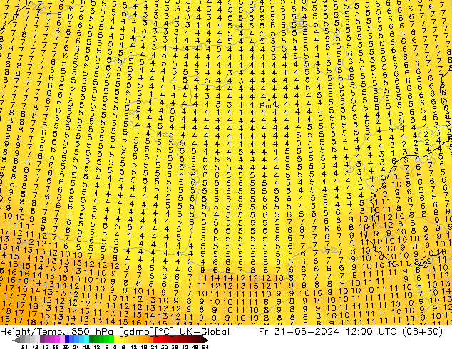 Height/Temp. 850 hPa UK-Global Fr 31.05.2024 12 UTC