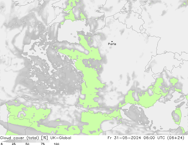 Cloud cover (total) UK-Global Fr 31.05.2024 06 UTC