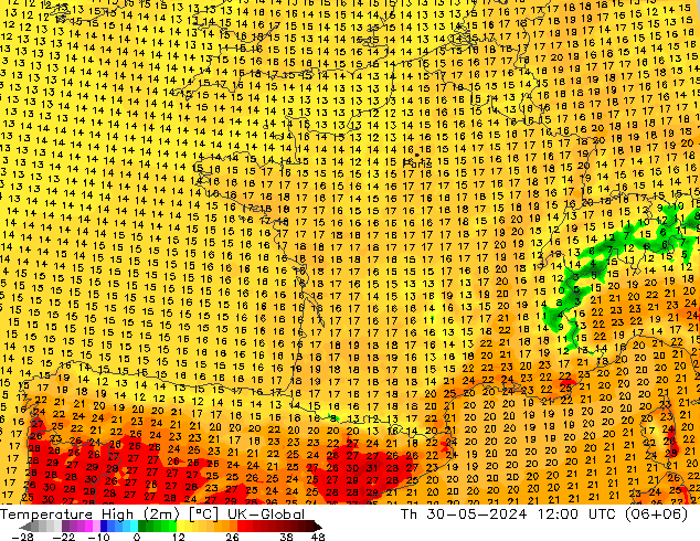 Höchstwerte (2m) UK-Global Do 30.05.2024 12 UTC