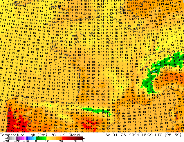 Temperature High (2m) UK-Global Sa 01.06.2024 18 UTC