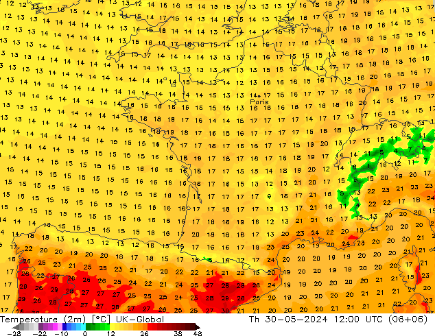 Temperatuurkaart (2m) UK-Global do 30.05.2024 12 UTC