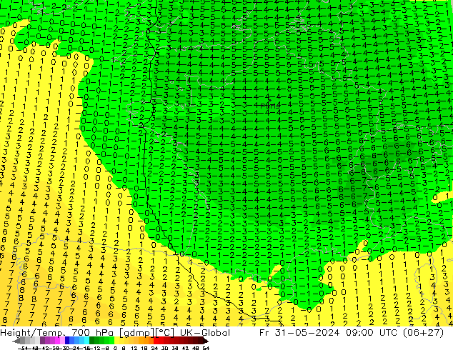 Height/Temp. 700 hPa UK-Global Fr 31.05.2024 09 UTC