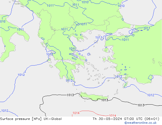 Surface pressure UK-Global Th 30.05.2024 07 UTC