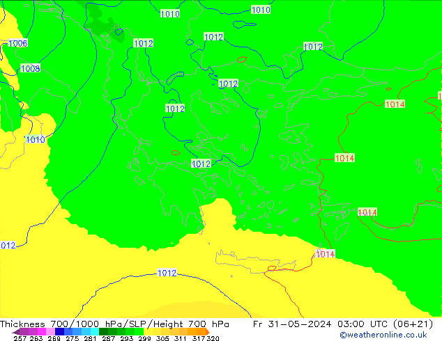 Dikte700-1000 hPa UK-Global vr 31.05.2024 03 UTC