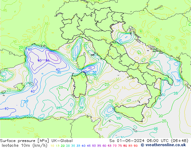 Isotachs (kph) UK-Global sam 01.06.2024 06 UTC