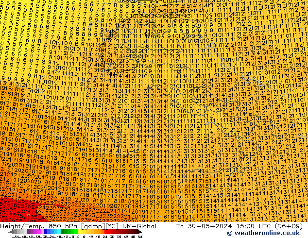 Height/Temp. 850 hPa UK-Global Th 30.05.2024 15 UTC