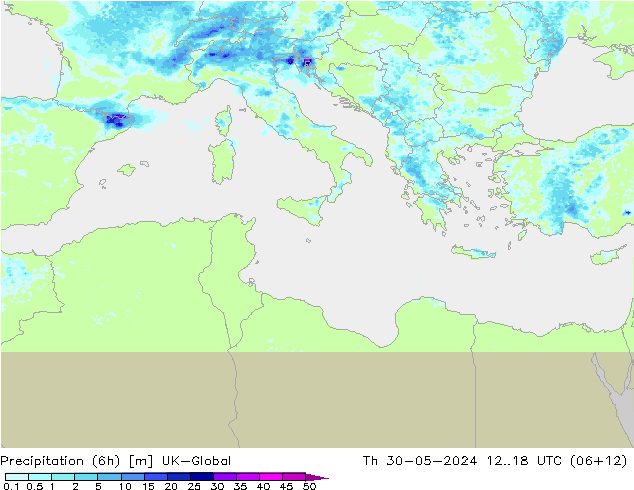 Precipitation (6h) UK-Global Čt 30.05.2024 18 UTC