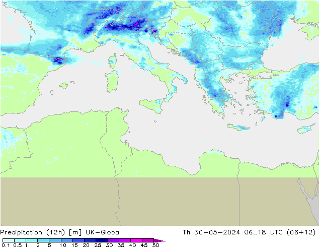 Precipitation (12h) UK-Global Th 30.05.2024 18 UTC