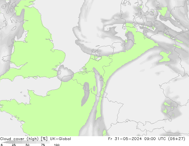 Cloud cover (high) UK-Global Fr 31.05.2024 09 UTC