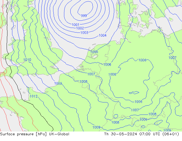 Presión superficial UK-Global jue 30.05.2024 07 UTC