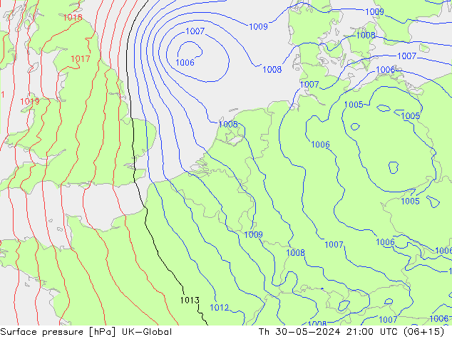 Surface pressure UK-Global Th 30.05.2024 21 UTC